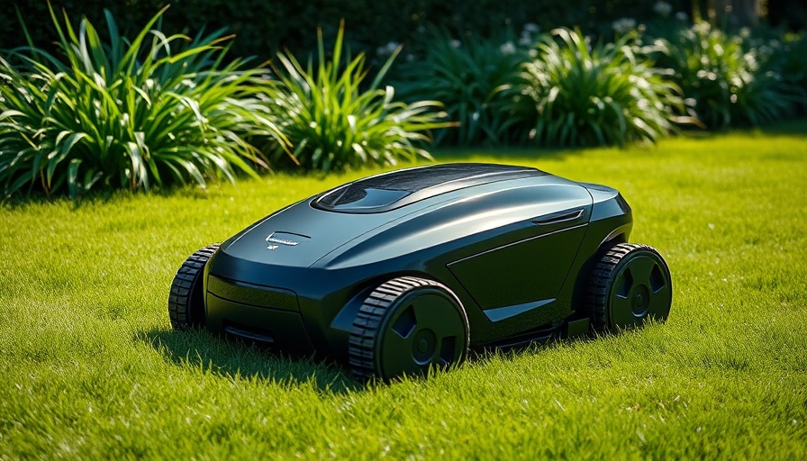 Sleek robot lawn mower operating on a green lawn under bright sunlight.