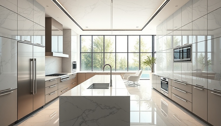 Bright luxury kitchen design with marble countertops and appliances.