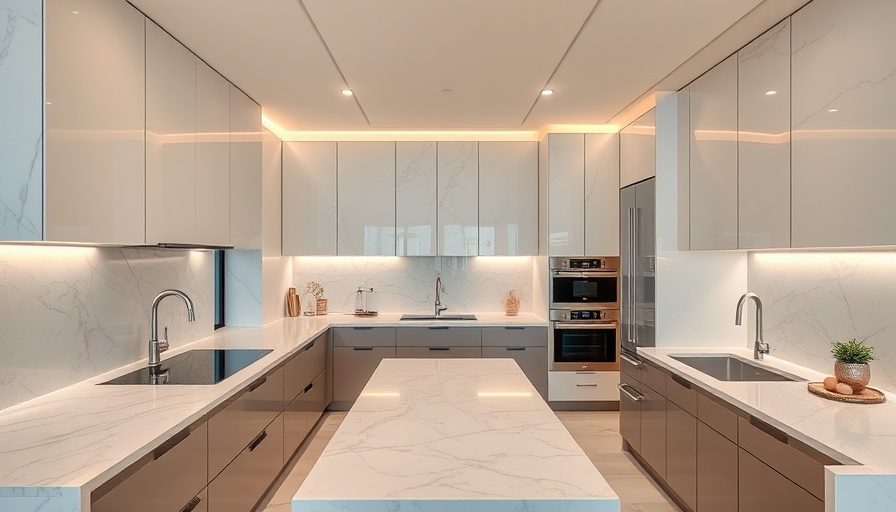 Modern luxury kitchen with marble countertops and elegant lighting.