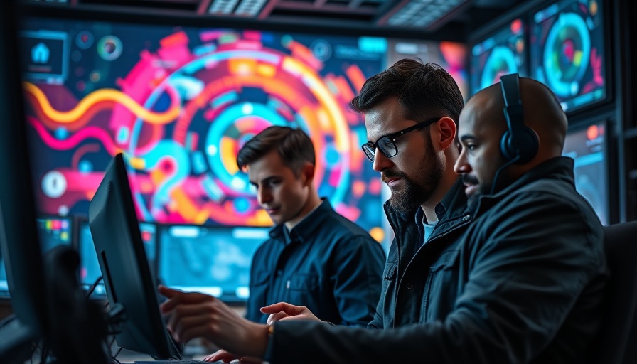 Three men in futuristic lab engaging with technology, colorful digital backdrop.