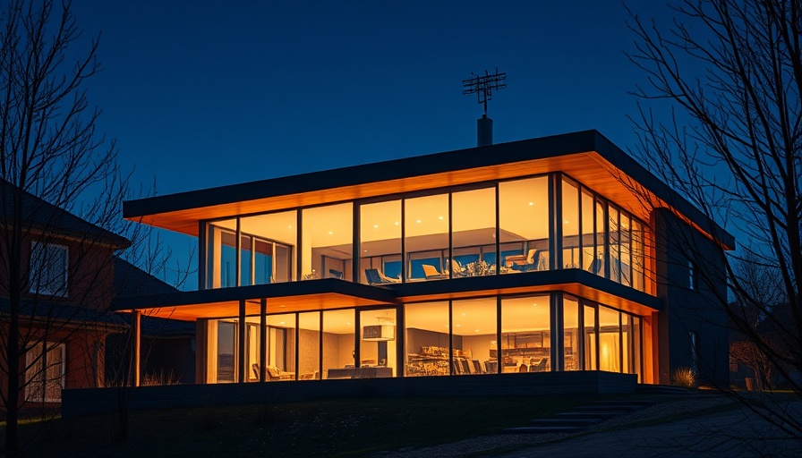 Luxury glass house with warm lighting at night.