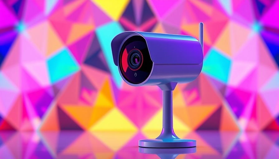 Futuristic smart home security camera with colorful background.