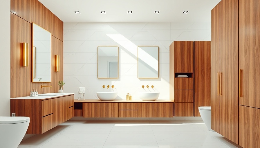 Sleek, modern bathroom design with wooden cabinets and gold fixtures.