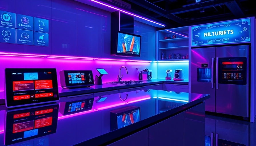 Futuristic smart kitchen gadgets with colorful LED lighting.