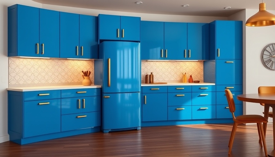 Seasonal color in kitchen appliances: modern blue and gold kitchen.