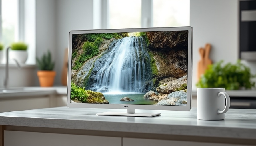 Modern white smart display on kitchen counter showcasing a waterfall image.