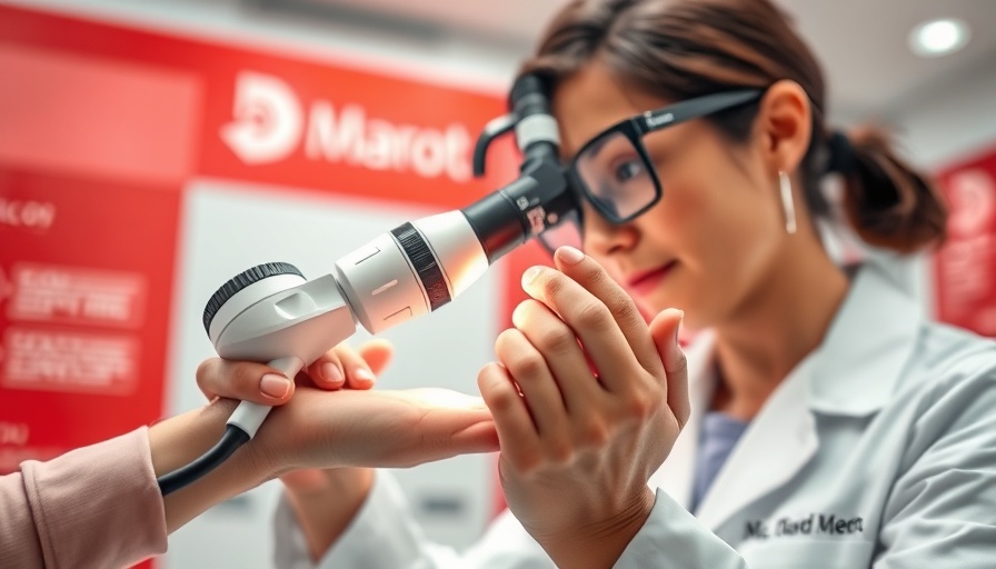 Dermatologist examines hand with dermatoscope in clinical setting.