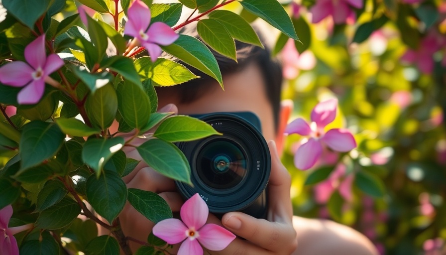 Blurred greenery with hidden camera lens focus, soft sunlight.