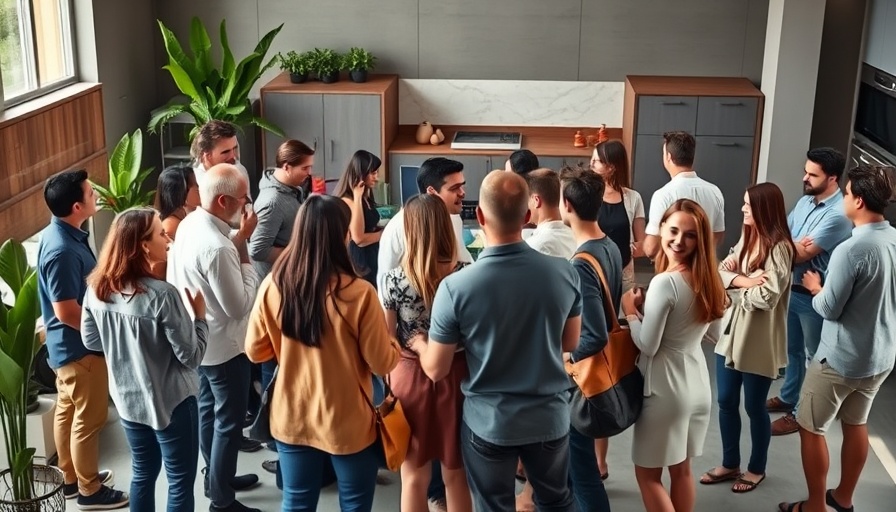 Vibrant social gathering in front of a luxury kitchen design showroom