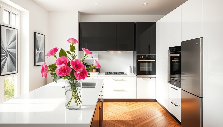 Contemporary sustainable kitchen design with black and white cabinets and floral decor.