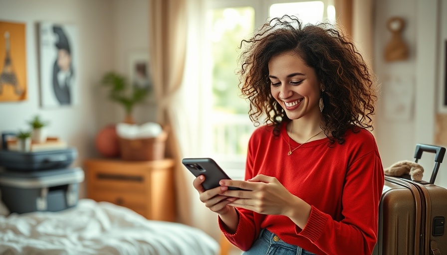 Young woman preparing smart home for vacations using her phone.