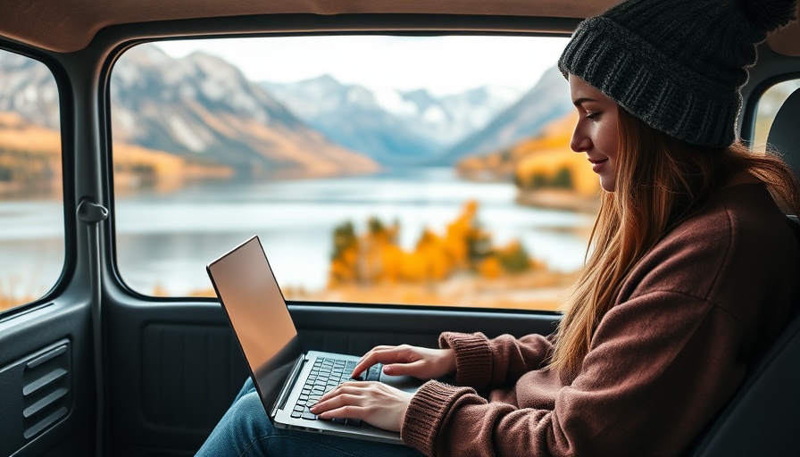 Van life security tech for digital nomads by a lake.