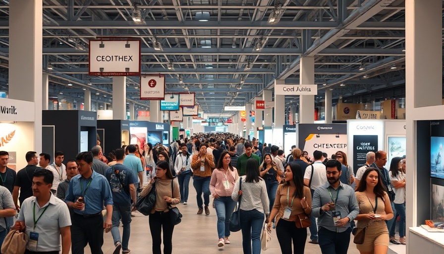 Trade show exhibition hall with attendees and luxury kitchen design displays.