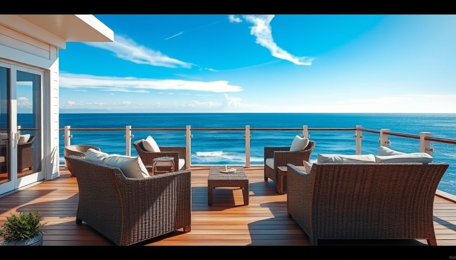 Outdoor deck with sea view and wicker furniture