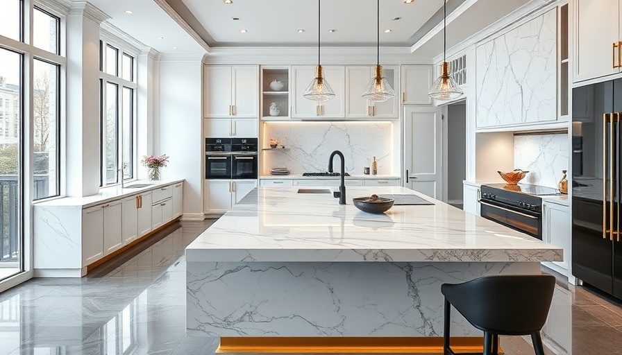 Luxurious kitchen design with marble island and modern accents.