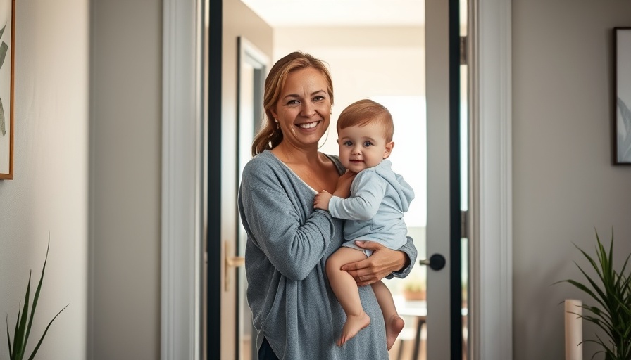 Mother and child at the door of a modern home.
