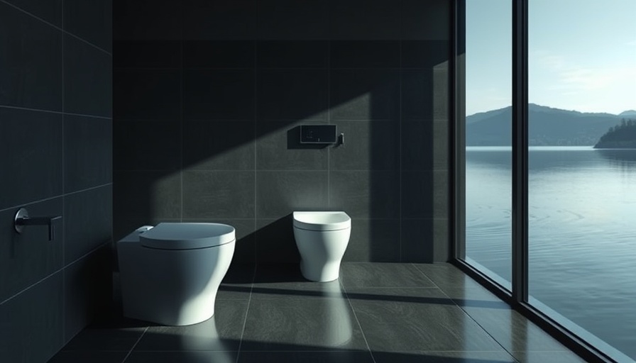 Sleek modern smart toilet with serene lakeside view in minimalistic bathroom, highlighting Duravit partnership with The Distribution Point.