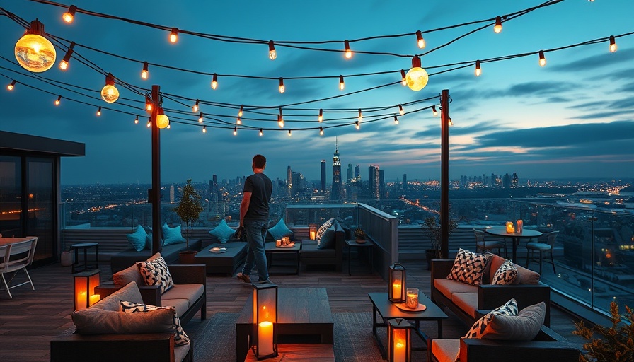 Stylish rooftop with smart string lights in modern luxury setting
