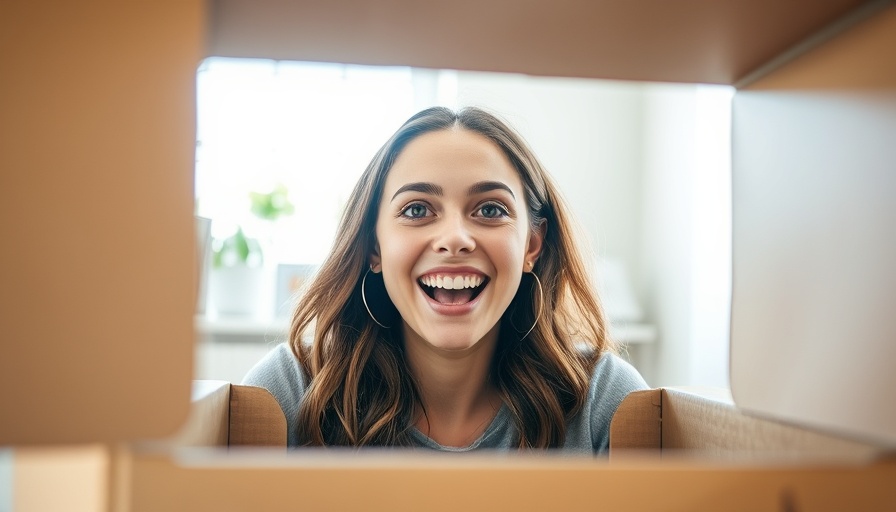 Excited young woman unboxing in bright room, related to smart kitchen gadgets for renters.