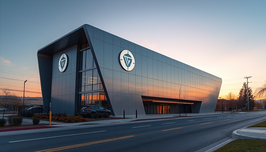 Modern building exterior with logo at dusk, sleek design.