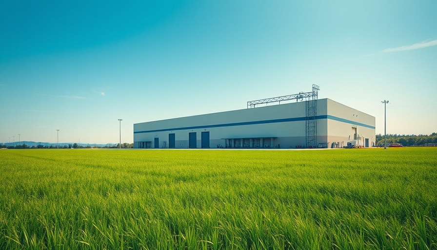 Industrial warehouse exterior with clear sky and grass field