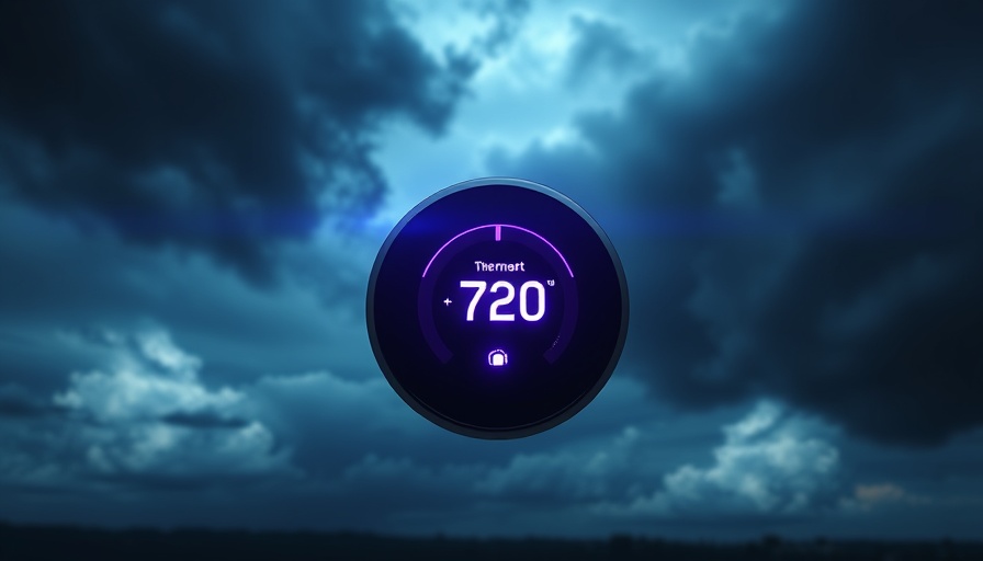 Smart thermostat alert in stormy sky for energy-efficient homes.