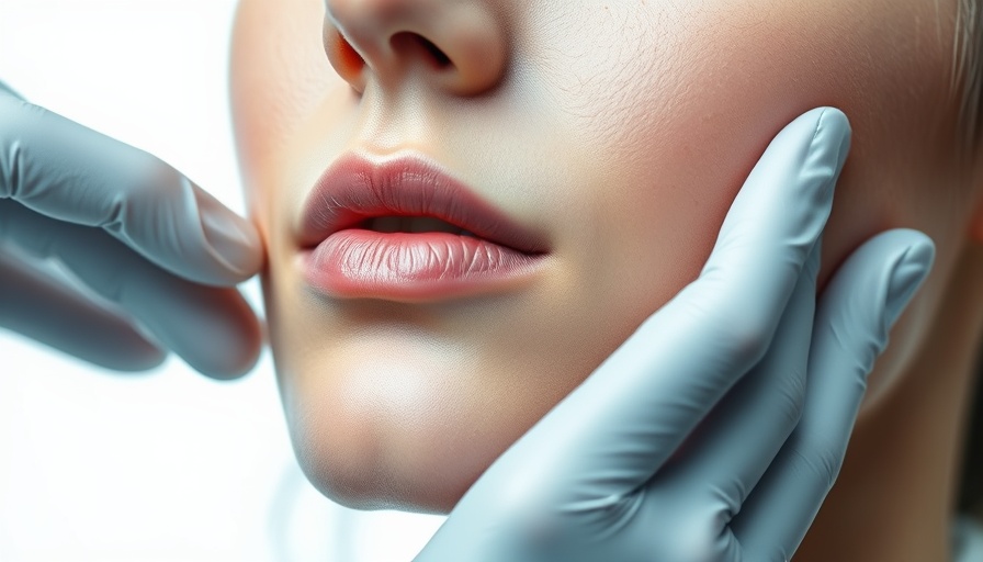 Woman examined by gloved hands with digital graphics, aesthetic medicine trends.