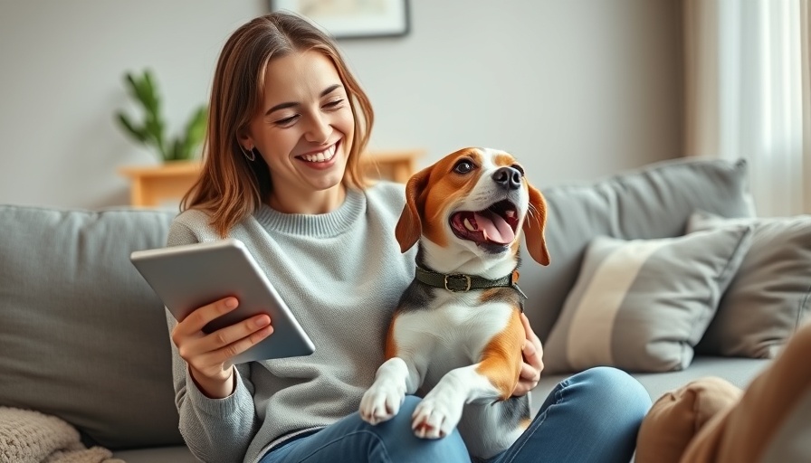 Young woman and beagle with a tablet in cozy room, Amazon Pet Day Smart Kitchen Gadgets.