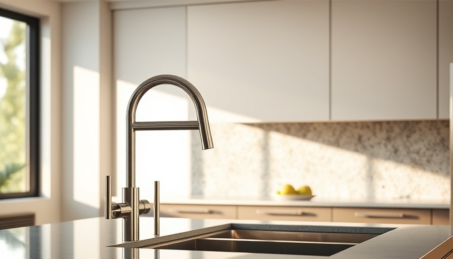 Luxury kitchen design with elegant faucet and terrazzo backsplash.