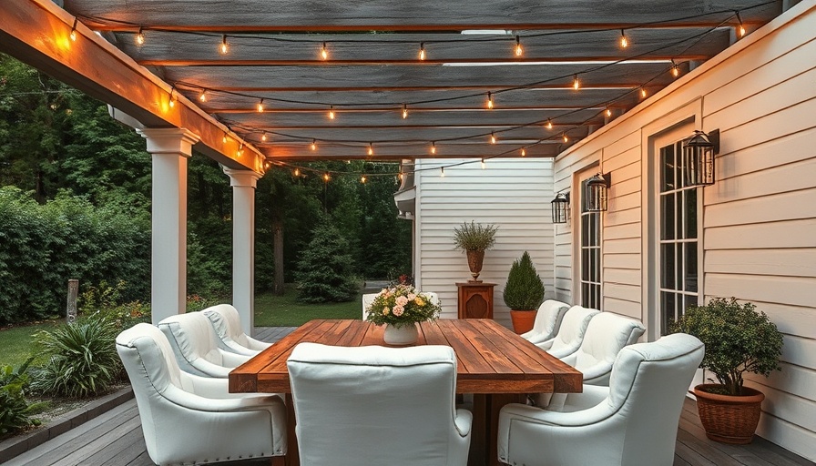 Elegant outdoor dining area under a pergola, featuring plush chairs.