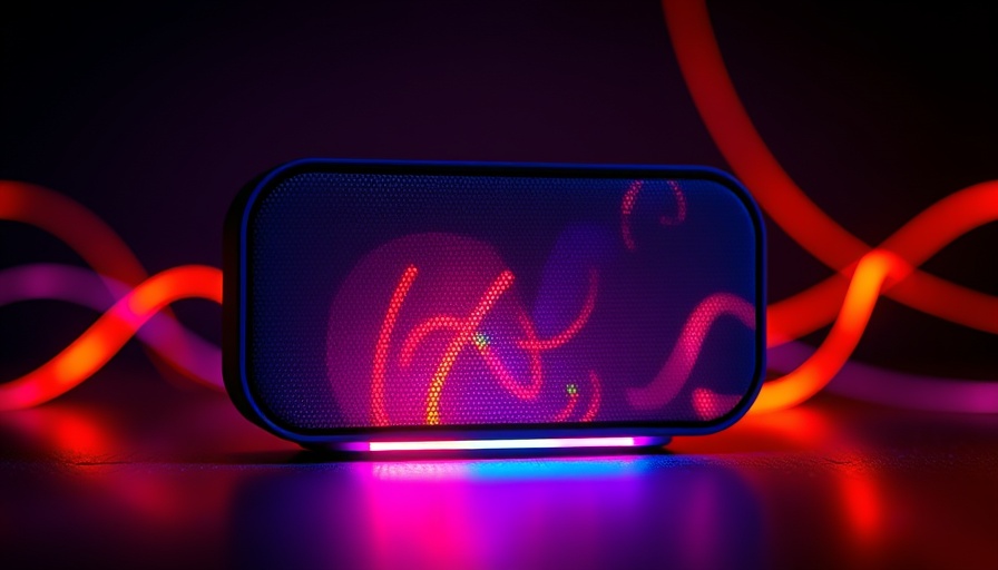 Smart speaker with colorful neon lights, smart kitchen gadgets.