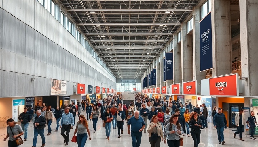 Modern exhibition hall with people and large banners.