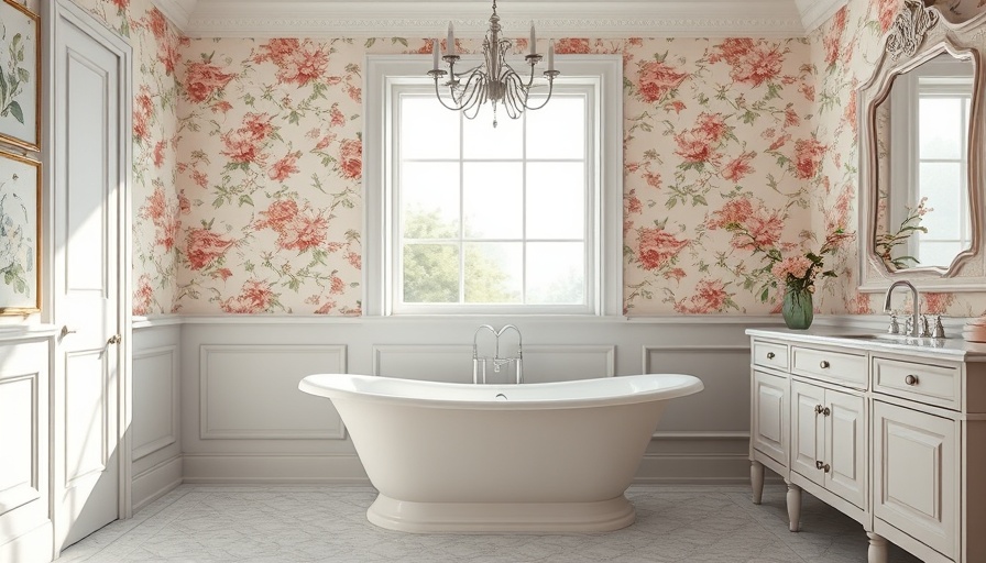 Elegant floral-themed bathroom with a freestanding bathtub.