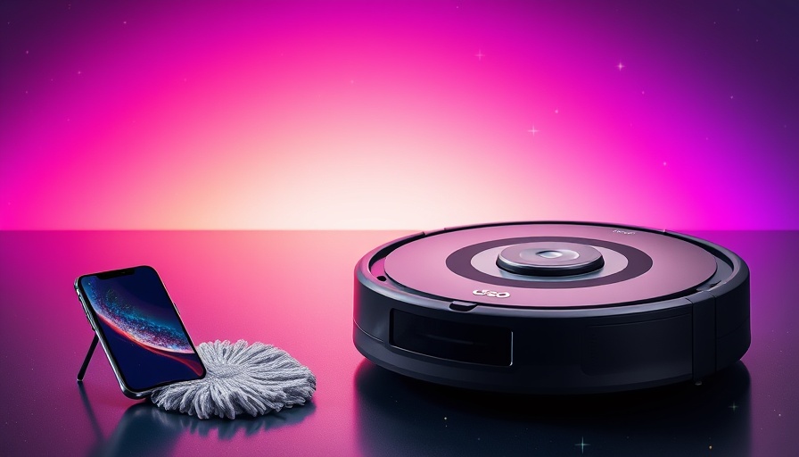 Roomba vacuum and mop display with smartphone, vibrant background.