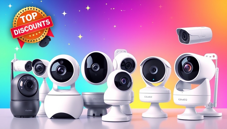 Home security cameras on vibrant background with discount badge.