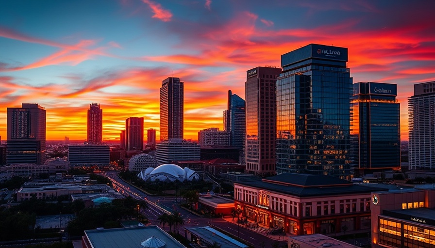 Downtown Orlando dusk skyline with skyscrapers reflecting sunset colors.
