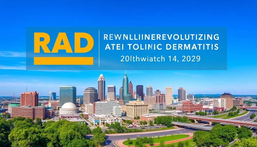 Aerial view of Nashville with RAD event banner on advancements in atopic dermatitis treatments.