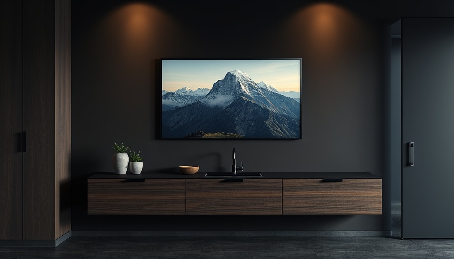 Discreet smart kitchen design with digital landscape art.