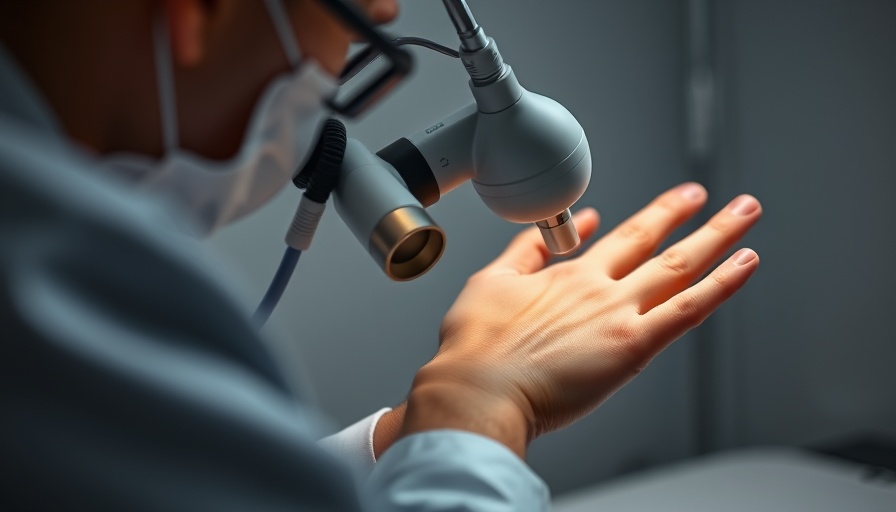 Dermatologist using dermatoscope on hand, non-invasive treatment.