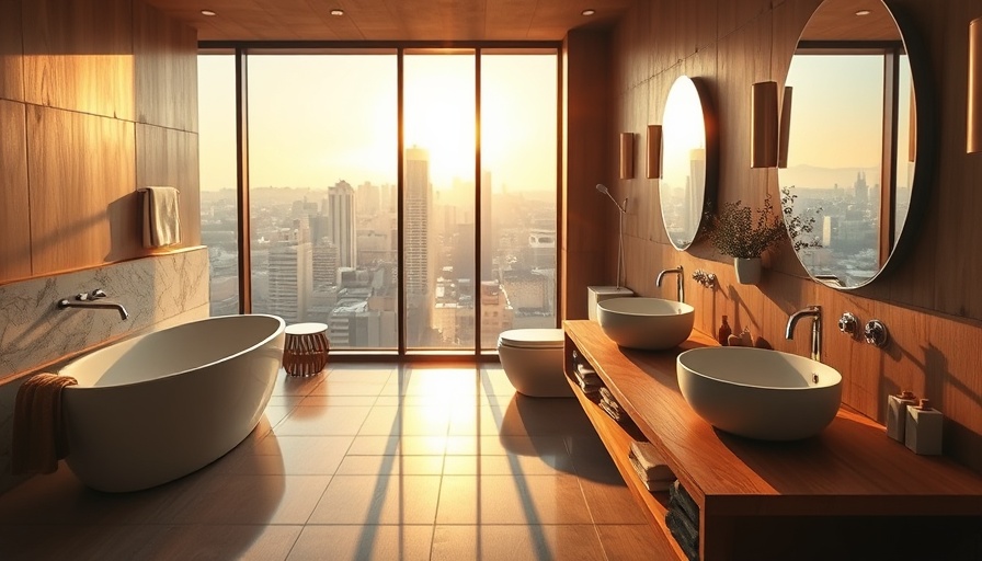 Modern bathroom with wooden elements and natural lighting.