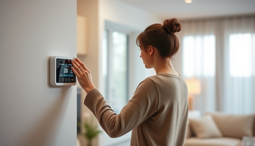 Woman adjusting smart thermostat in modern home for summer efficiency.