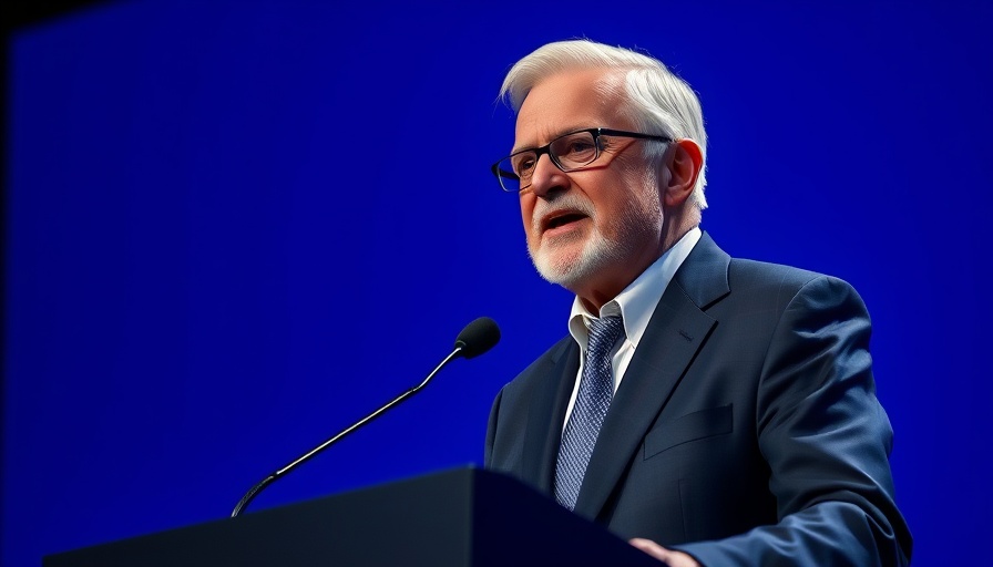 Elderly man in navy suit speaking at podium with blue backdrop.