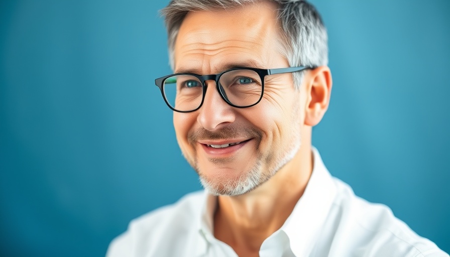 Confident middle-aged man smiling, wearing glasses and white shirt.