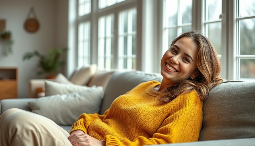 Happy woman relaxing on couch, post-NeckOver procedure.
