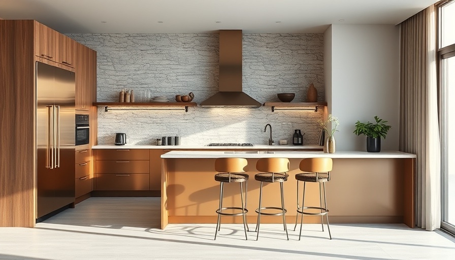 Luxury kitchen design with bronze cabinets and stone wall