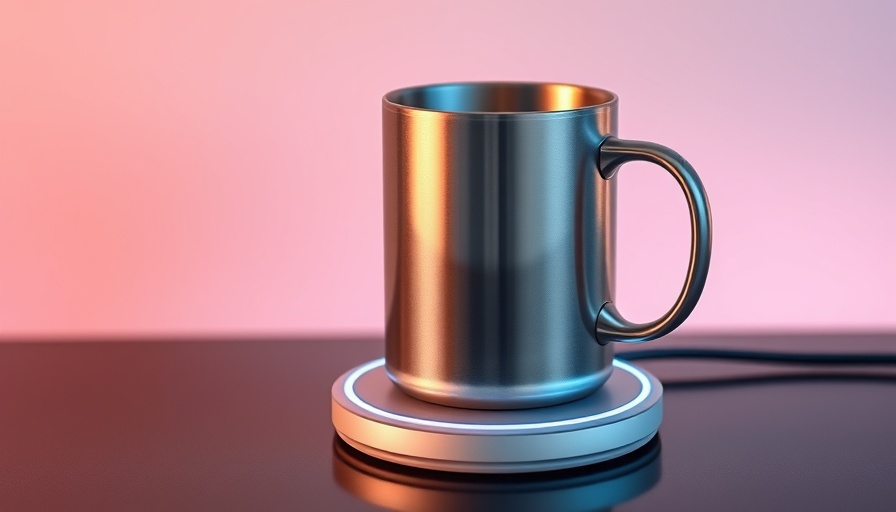 Sleek Ember Smart Mug 2 on charger, vibrant gradient backdrop.