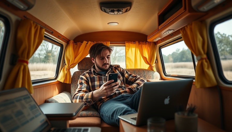 Man relaxing in van with phone and laptop, van life security.