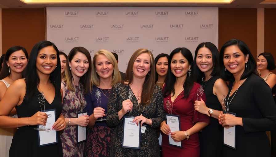 Group of women at a formal awards event, luxury kitchen design backdrop.