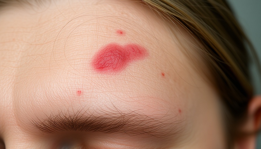 Close-up of irritated skin on forehead related to delgocitinib for sensitive skin.