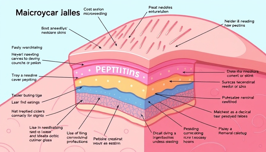 Illustration of microneedling and laser treatments with peptides on skin cross-section.